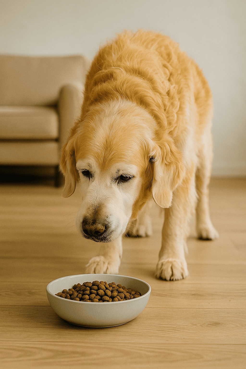 Perro senior de raza Golden Retriever comiendo croquetas suaves de un plato gris dentro de una sala con luz natural.